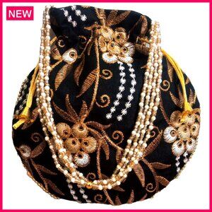 Pearl Handle Potli Bag Satin Drawstring Clutch Wedding Party Purse